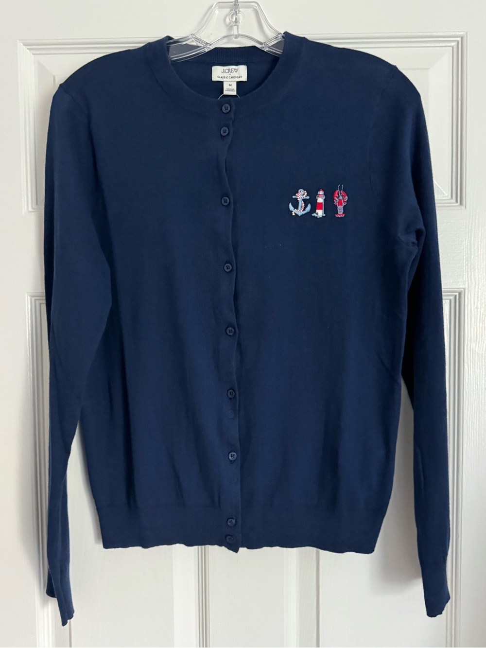 J. CREW Navy Embroidered Anchor, Lighthouse &Lobster Crewneck Cardigan, size M